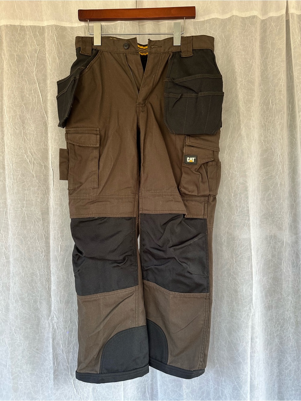 Brown CAT Work Pants with Reinforced Black Knees